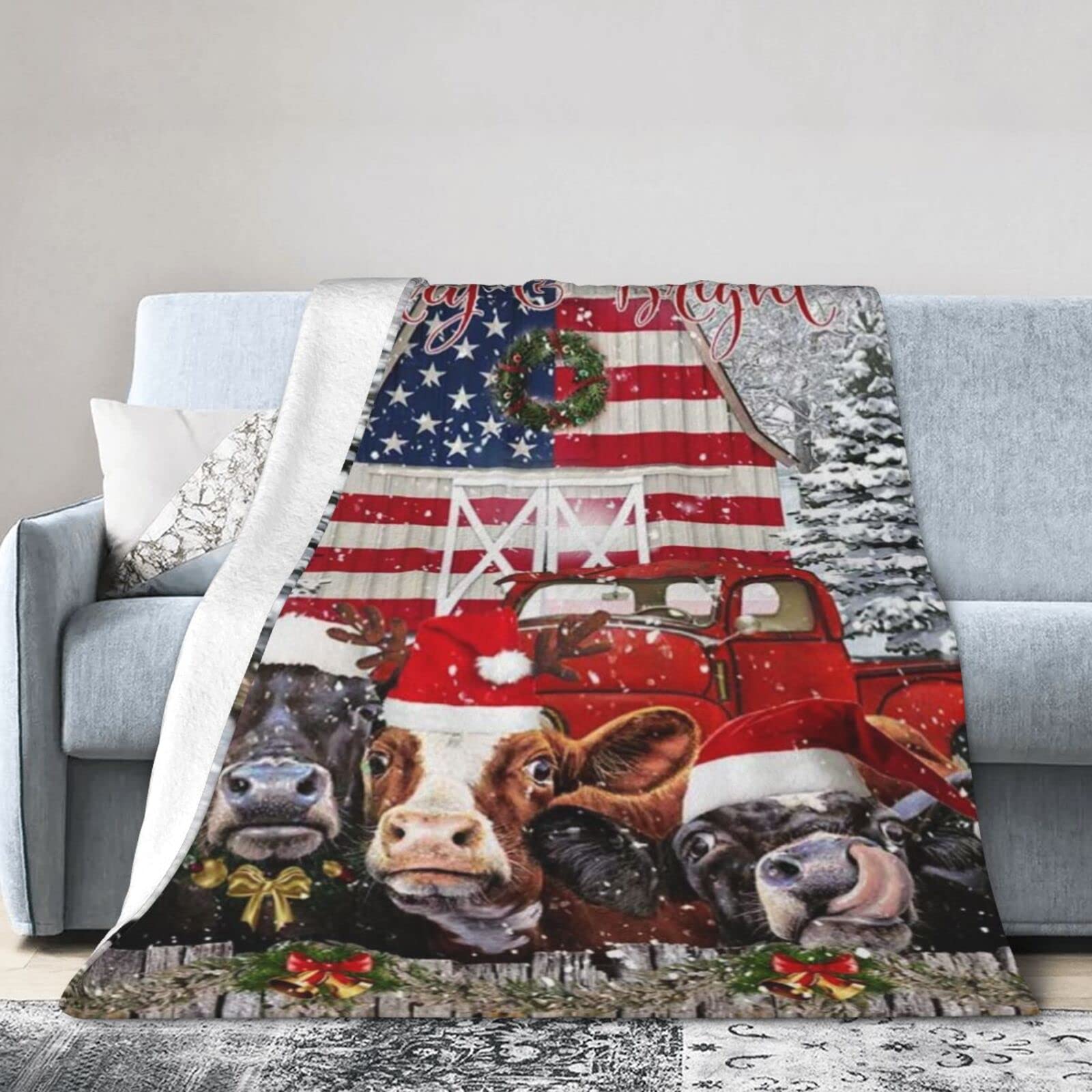 Lsjuee Christmas Flannel Fleece Blanket 80"X60" Funny Cows at Christmas. Be Merry and Bright Bed Throw Blanket Funny Ultra-Soft Travel Winter Blankets for Womens Keep Warm