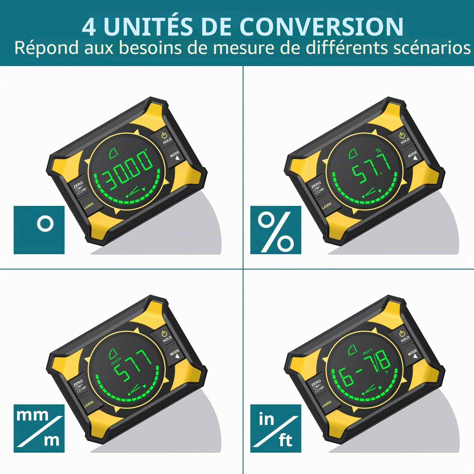 Inclinomètre Numérique 3-en-1 avec Laser Croix, Niveau Rechargeable Type-C, Angle 4x90° & 2x180°, Magnétique Haute Précision 0.05°, Outil pour Menuiserie, Scie, Bricolage, Tableaux