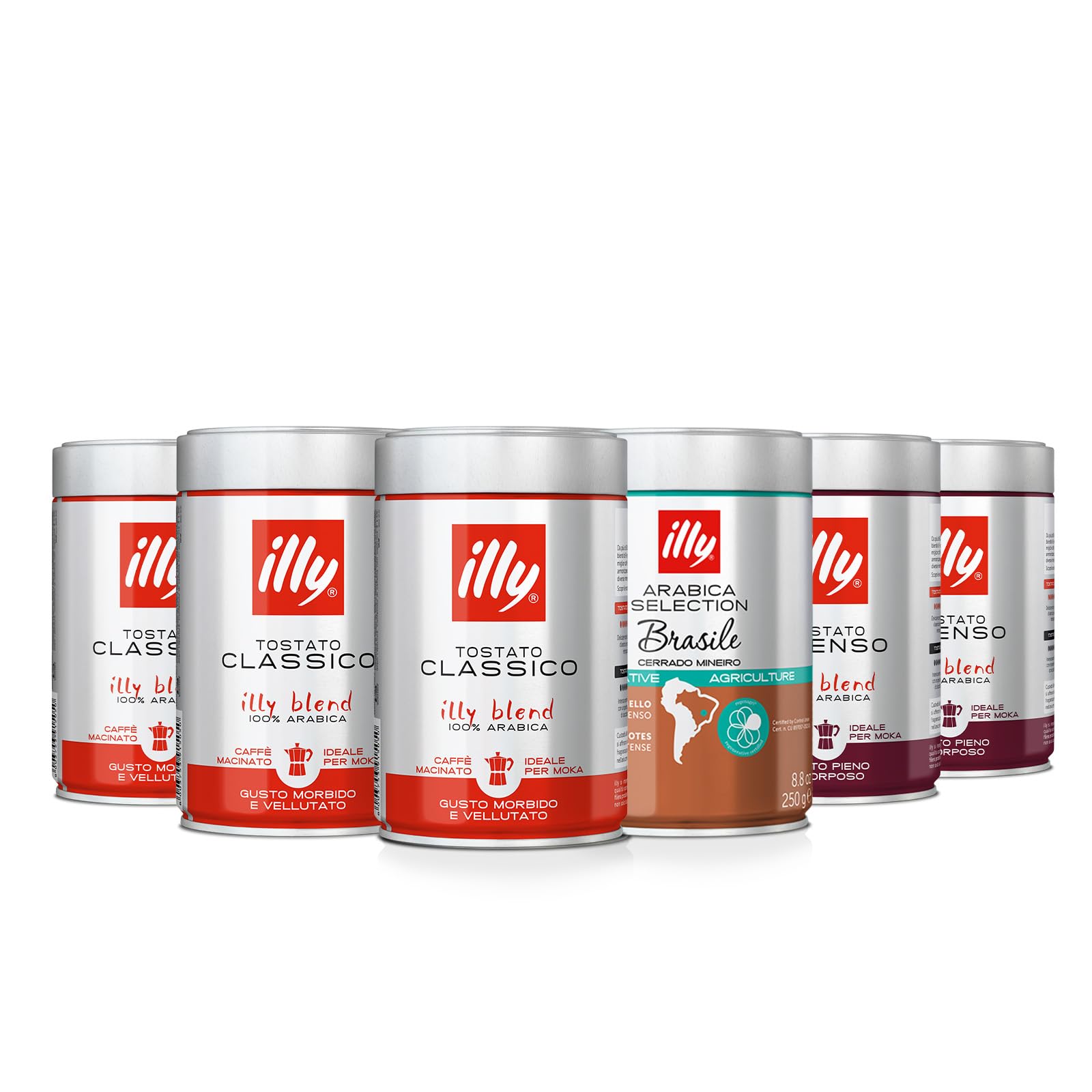 illy Caffè macinato moka 100% Arabica, barattoli da 250gr. - 3x tostato classico + 2x tostato intenso + 1x Arabica Selection Brasile Cerrado Mineiro