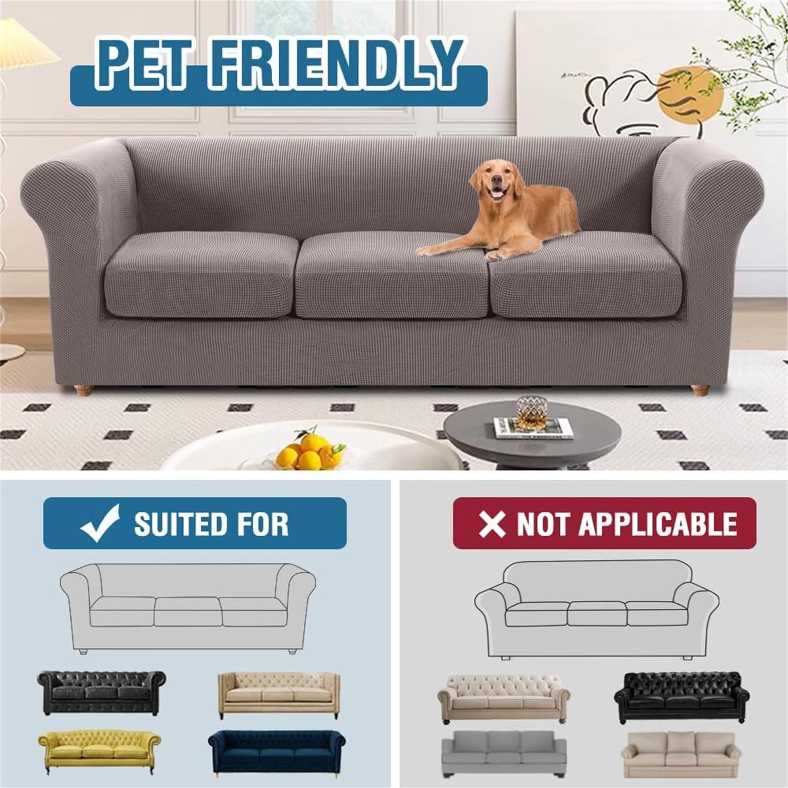 Housse de canapé Chesterfield Extensible avec Housses de Coussin, Tissu Jacquard Plus épais, 3 Places