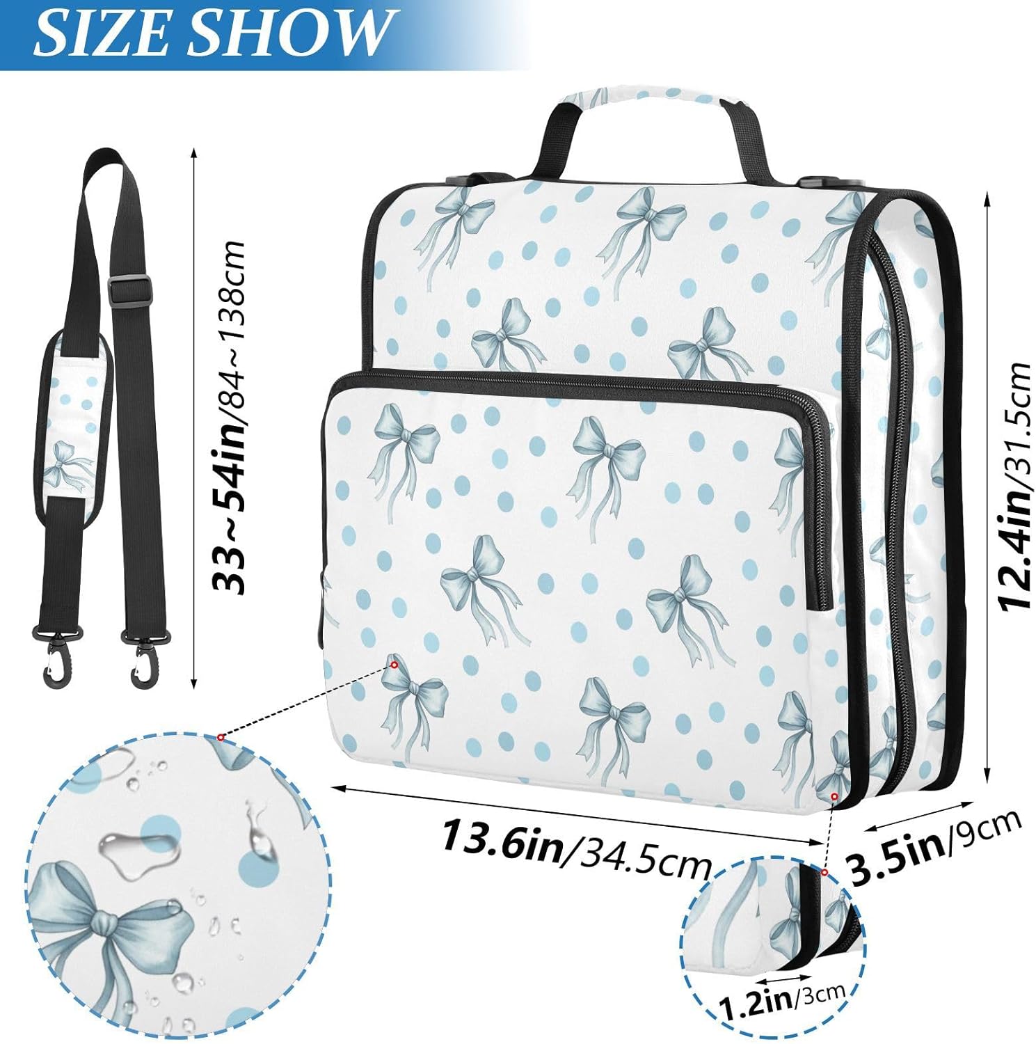 Bow Polka Dot Blue Pattern 3 Ring Zipper Binder with Shoulder Strap & Handle 1.5 Inch D-Ring Zippered Bag with Pencil Pouch,Expanding File Folder, Binder Organizer for School or Office
