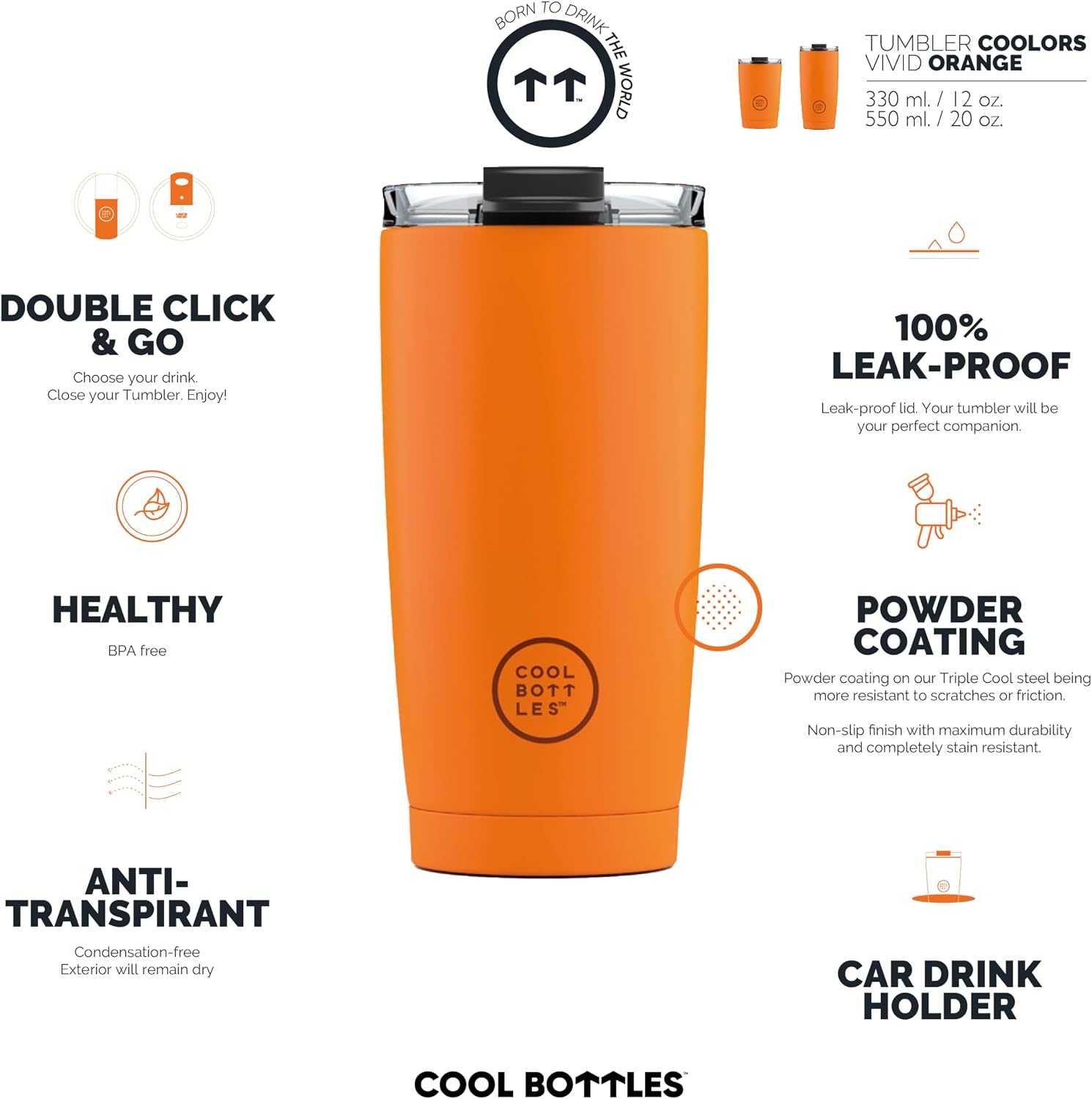 Cool Bottles - Tumbler - Stainless Steel Thermal Mug - 550ml - Vivid Orange - Coffee Thermos - Airtight Lid - Cold Drinks for 10 Hours & Hot Drinks for 5 Hours - Stain Resistant image 2