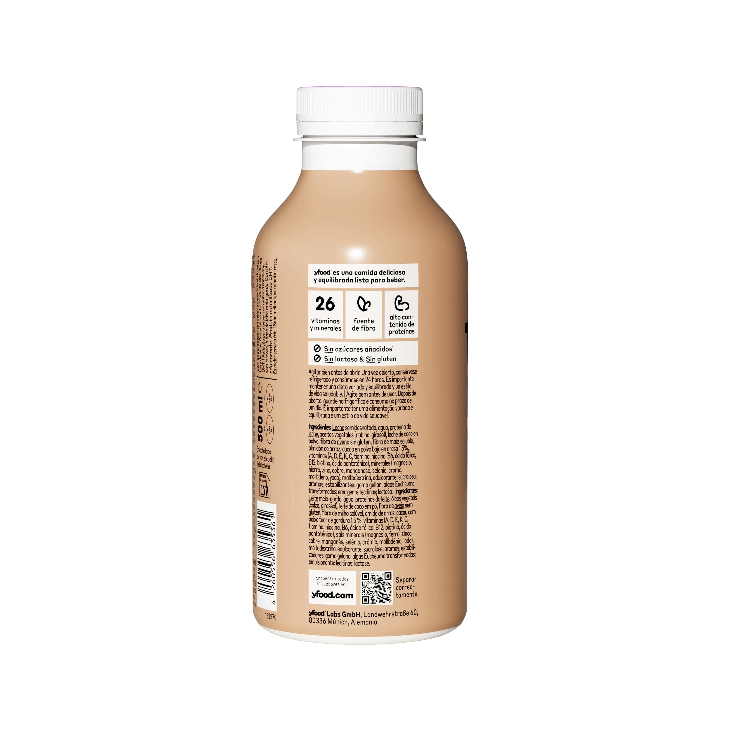 yfood Classic Choco - Batido Sustitutivo de Comida, Bebida Proteica Lista para Beber, 30 g de Proteína, 26 Vitaminas y Minerales, Sin Lactosa y Sin Gluten, 500ml