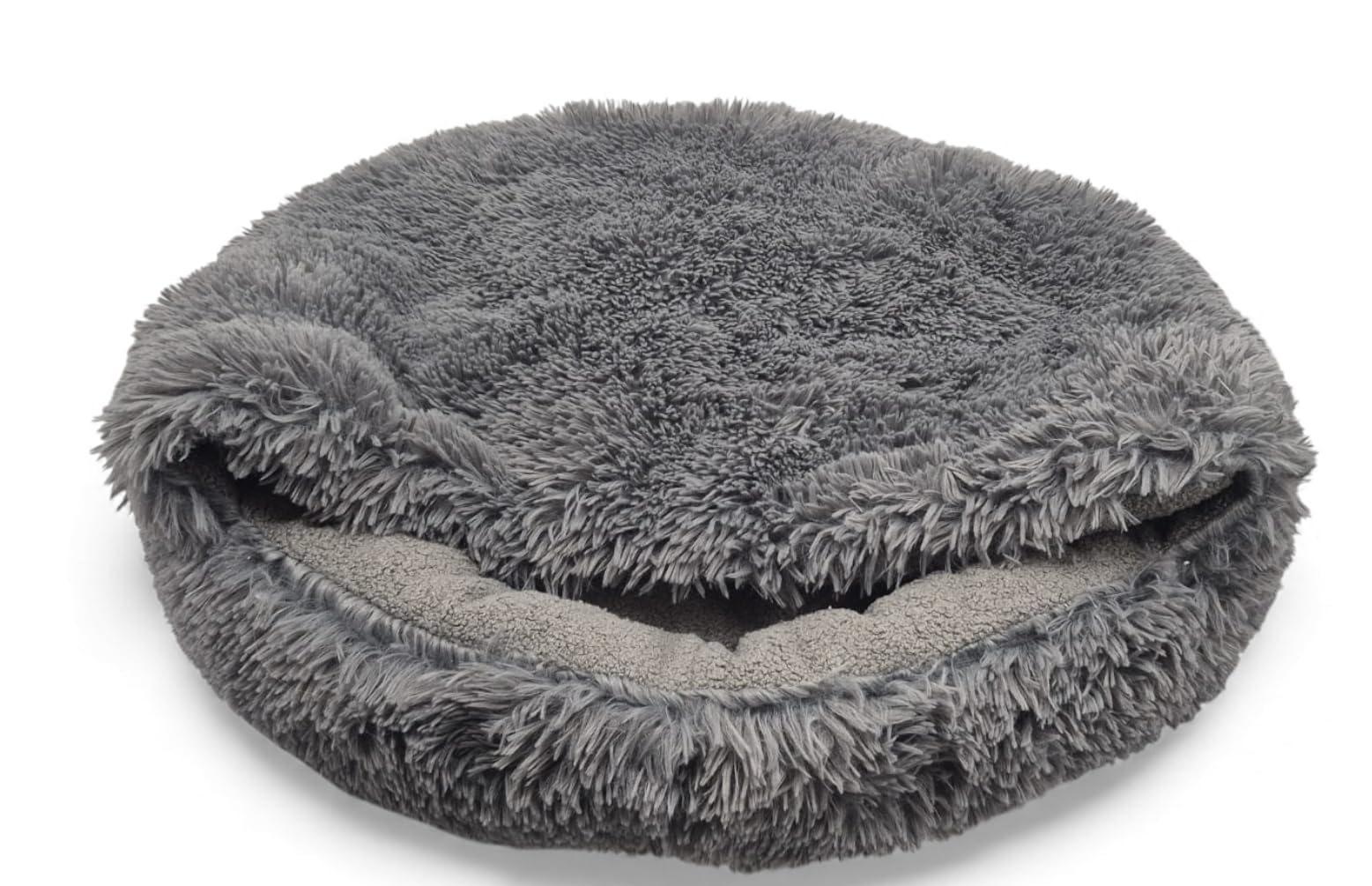 Odolplusz Rundes Kuschel-Hundebett und Katzenbett, Grau, Shaggy Bouclé, Schlafsack-Design, Warmes Höhlenbett, Rutschfester Boden, Maschinenwaschbar, für Mittelgroße Hunde und Große Katzen (100 cm)