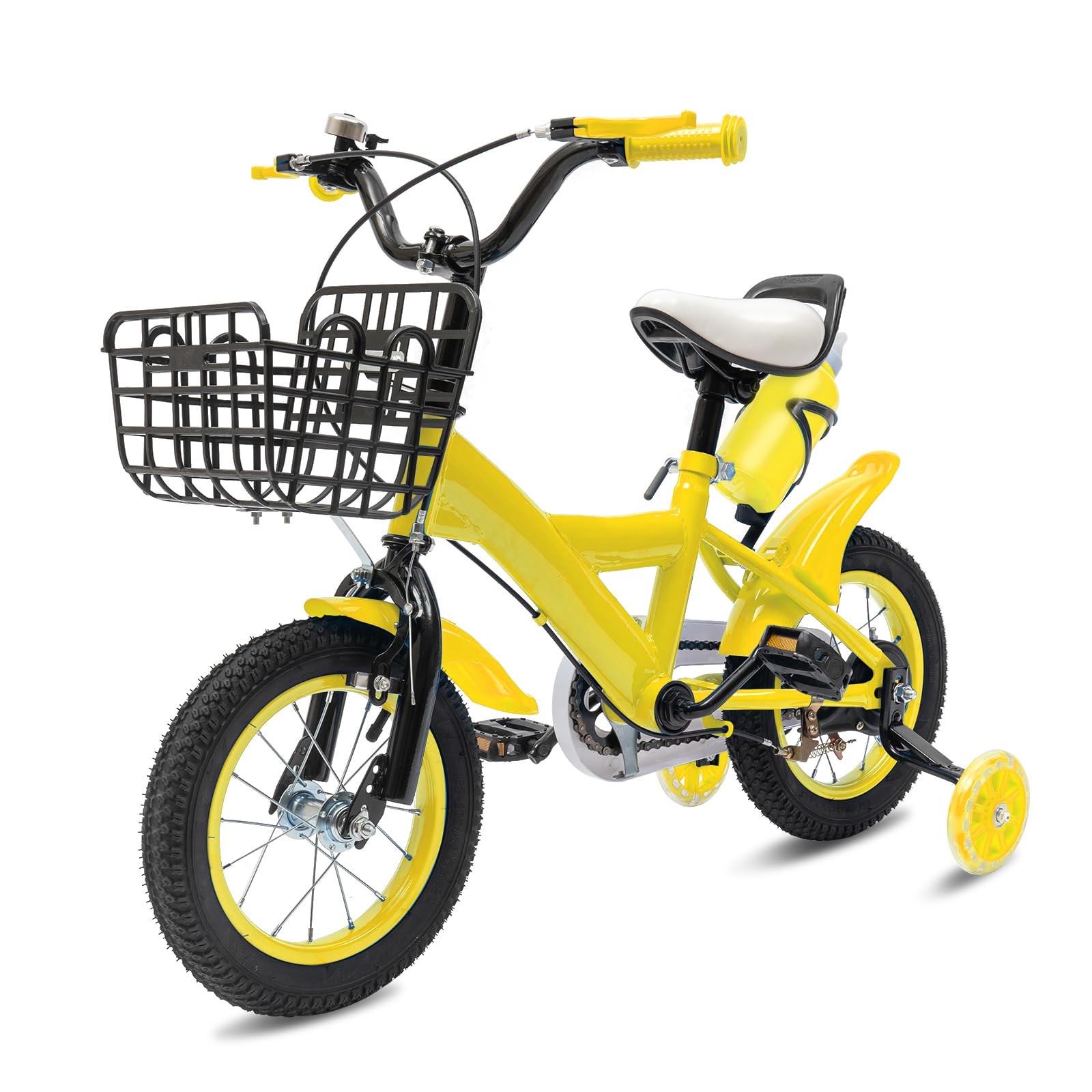 Charocean 12 Inch Kids Bike with Stabilisers, Kids Bicycle Carbon Steel Beginner Bike Height Adjustable Cycle with Fenders, Children's Bicycle for 2-5 Year Olds (Yellow)