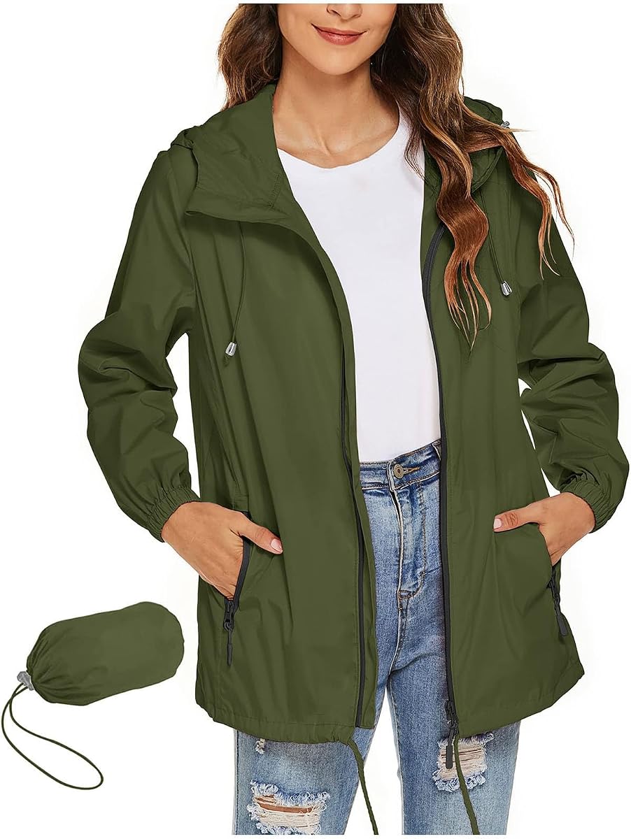 Packable Rain Jacket Women Waterproof Lightweight Rain Coats with Hood Zip Up Outdoor Hiking Travel Windbreaker