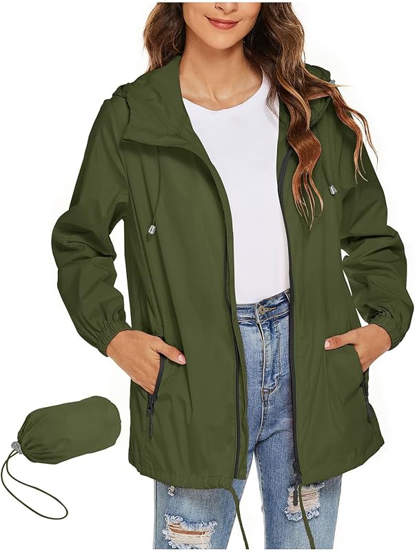 Packable Rain Jacket Women Waterproof Lightweight Rain Coats with Hood Zip Up Outdoor Hiking Travel Windbreaker