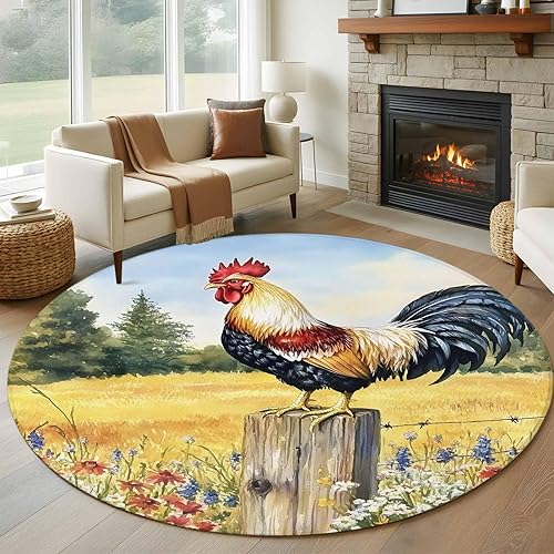 5ft Round Rug, Retro Rooster Non-Skid Rubber Backing Large Area Rugs - Living Room Bedroom Home Office, Spring Flowers Watercolor Animals Indoor
