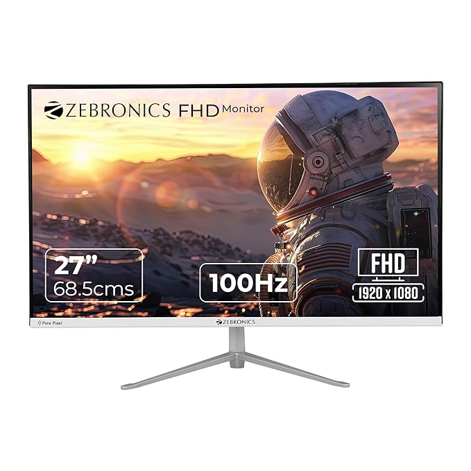 Zebronics A27FHD LED 27 Inch (68.5 cm) Monitor, 100Hz Refresh Rate, HDMI, VGA, FHD 1920x1080, 250nits Brightness, Built-in Speaker, 500000:1 Dynamic Contrast Ratio, 16:9 Aspect Ratio, Wall Mountable