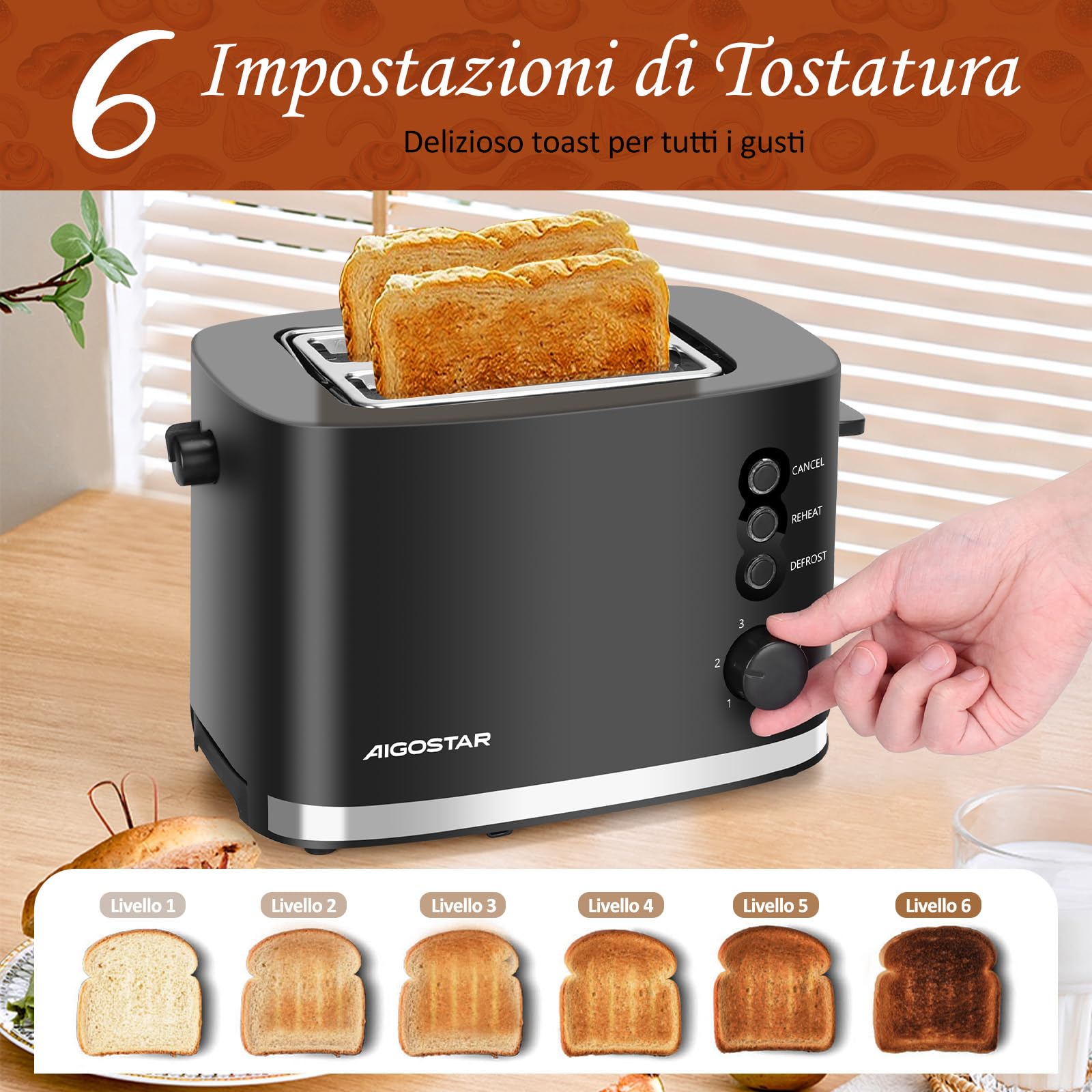 Aigostar Energy - Tostapane 2 Fette, Riscaldatore Integrato, Fessure Extra Larghe e Centratura Automatica, 6 Impostazioni di Tostatura, 3 Funzioni, Vassoio Raccogli Briciole Rimovibile, Nero