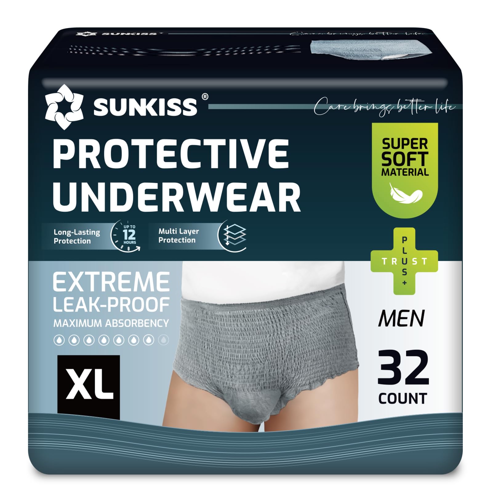 SUNKISS Inkontinenz Pants Männer, Tagsüber Einweg Erwachsenen Windelhosen, Herren Windeln mit Maximaler Saugfähigkeit, Grau, Größe XL, 32 Stück 1er Pack