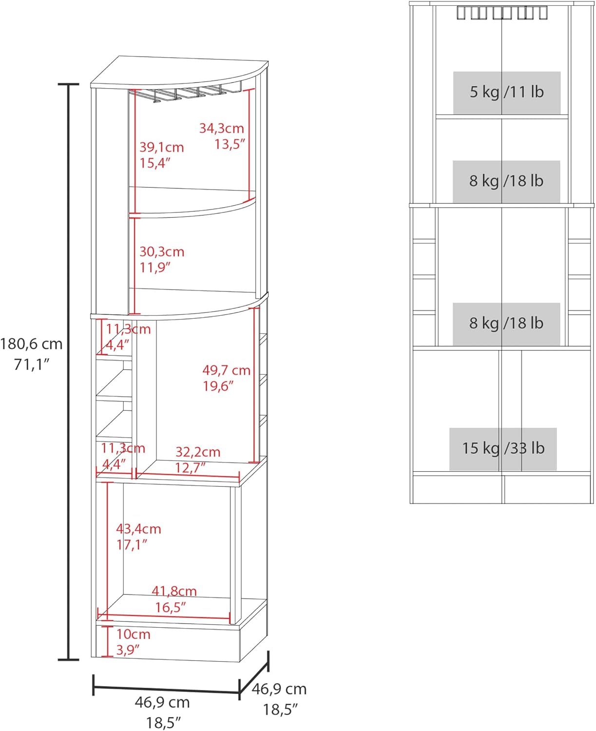 Display Curio Cabinet, Corner Bar Cabinet, Tempered Glass Doors, 6 Shelves, Floor Standing Display Cage Corner Wine Cabinet for Bar and Wine Storage, White