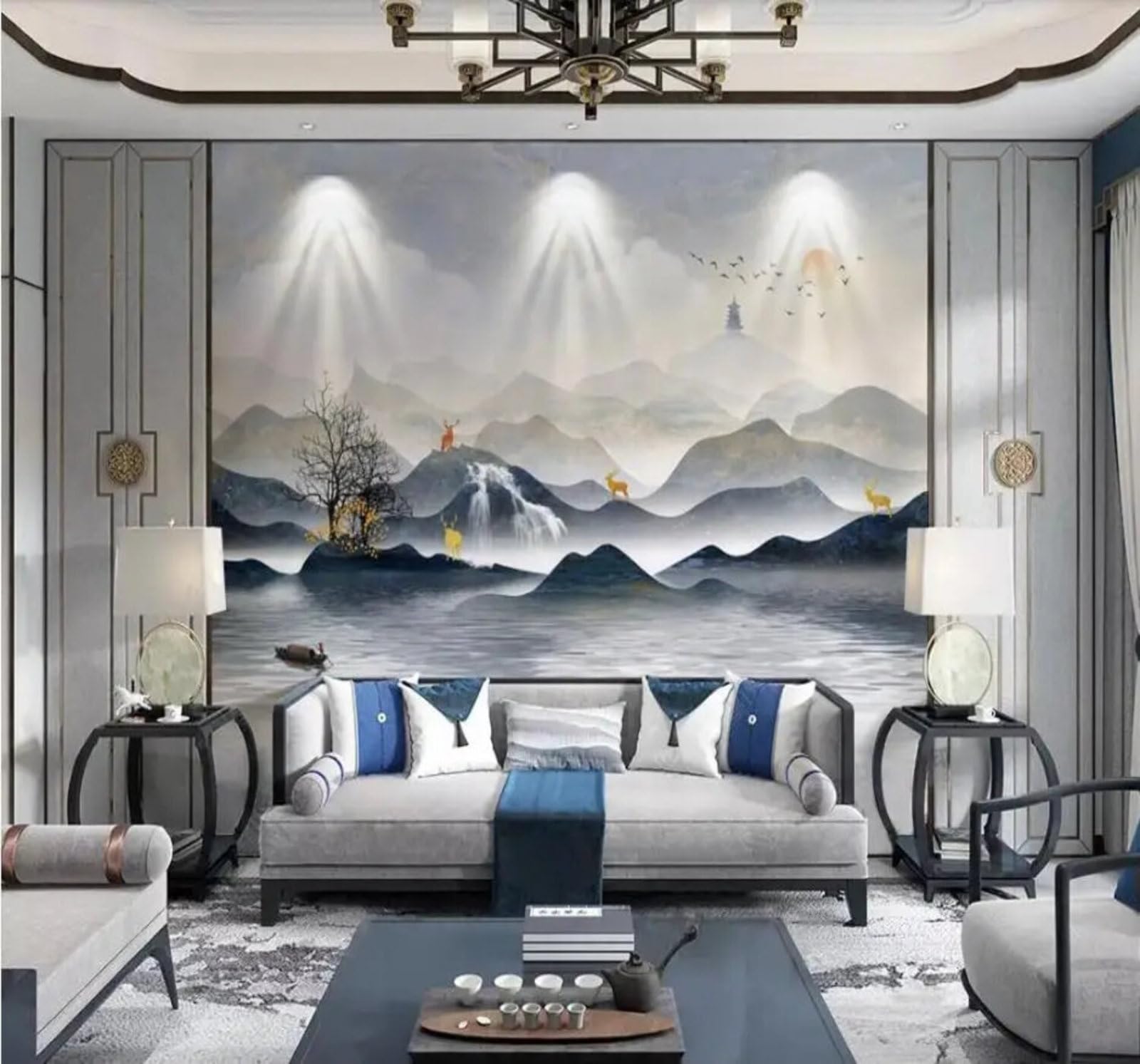 Tzxztt 430Cm×300Cm(B×H) Abstract Landscape Trees Reindeer Marble Effect Modern 3D Wallpaper Premium Textured Silk Neutral Tones Material Ideal For Living Room Bedroom-430Cm×300Cm