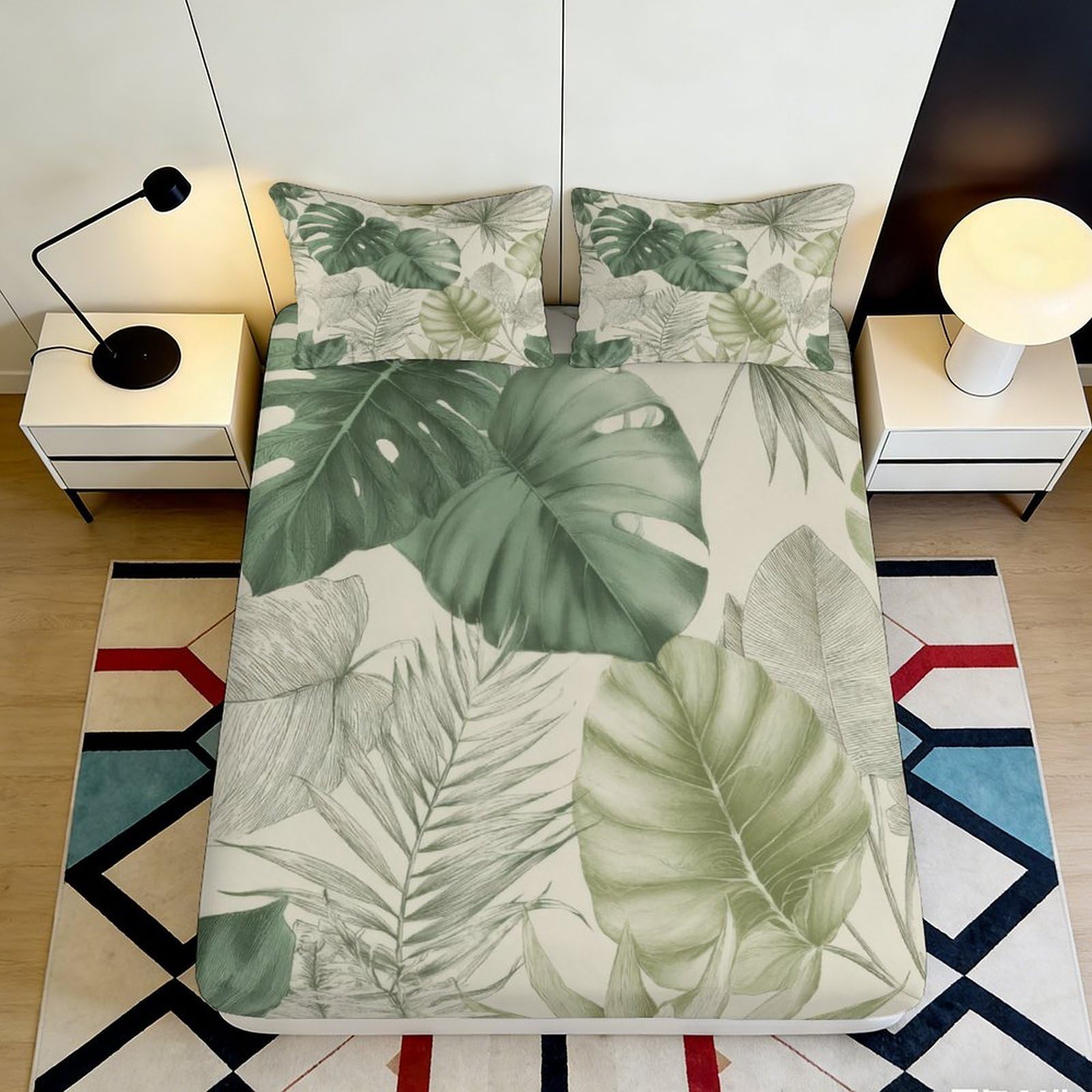 3D Printed Botanical Leaves Fitted Sheet Microfiber Non-Slip Deep Pocket Green Leaves Mattress Fitted Cover Washable 90x200x25cm