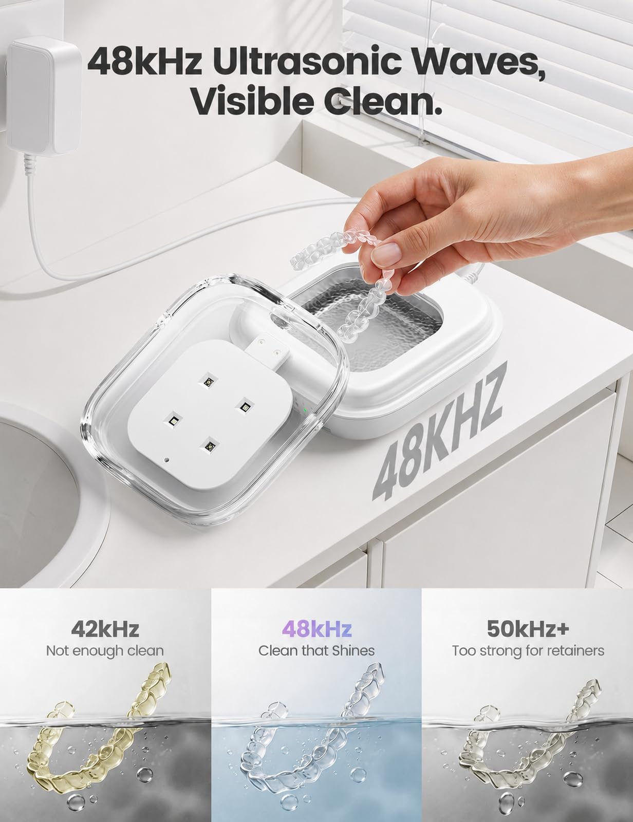 VAYDEER Nettoyeur Ultrason 48kHz Compact Silencieux 3 Modes UV pour Appareil Dentaire Prothèse Bijoux Blanc