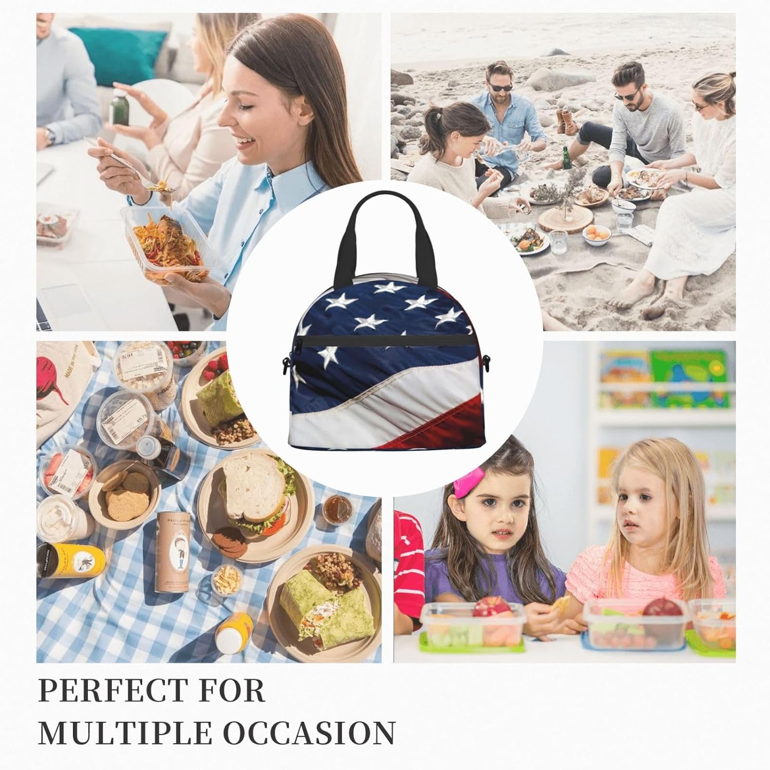 American Bald eagle flag Print Reusable Lunch Bag Insulated Lunch Boxes for Office Work Picnic Tote Bag Adjustable