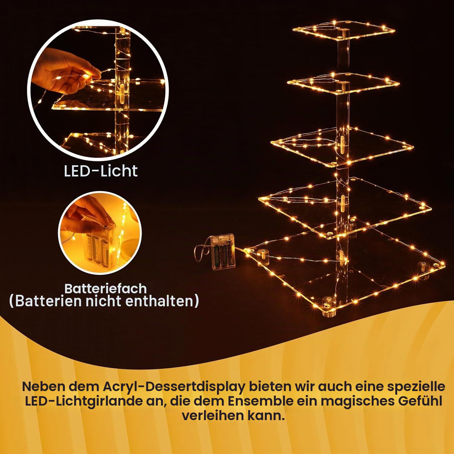 5 Etagen Cupcake Ständer, Gelb LED Lichterkette de Tortenständer Acryl für Hochzeit, Party, Geburtstag, Baby Duschen & Kuchen Dessert, Torten Etagere 5-stöckig, Quadrat Cupcake Stand