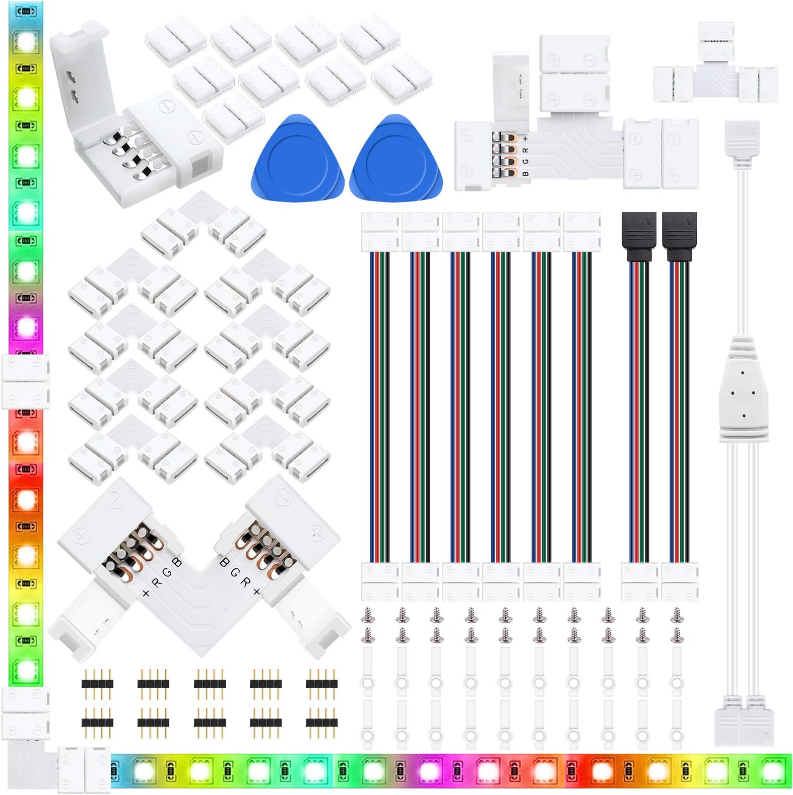 LightingWill 4-Pin RGB LED Light Strip Connector Kit 10mm Solderless Adapter Connectors for 5050 Multicolor LED Strip Light