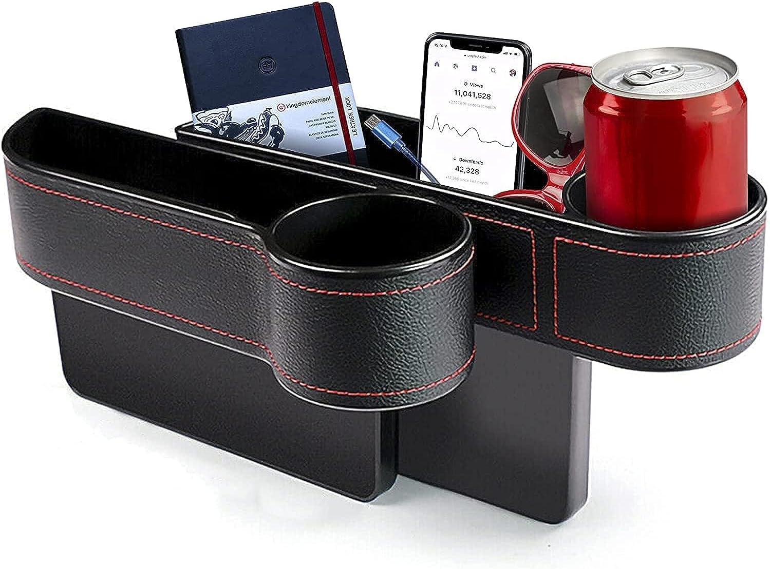 REKOBON Car Seat Gap Filler Pack of 2, Car Seat Gap Storage Box with Cup Holder, PU Leather Car Organizer Front Seat Filler for Drive and Passenger Side
