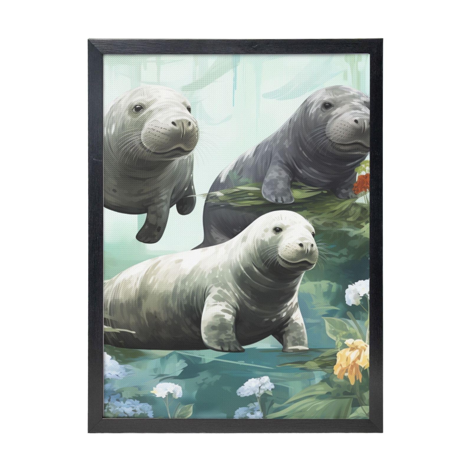 Framed Wall Art - Decorative Canvas Painting Rabbits Manatees Pictures Poster Aesthetic Modern Prints Artwork for Bedroom Office Wall Decor Ready To Hang 12x16 in