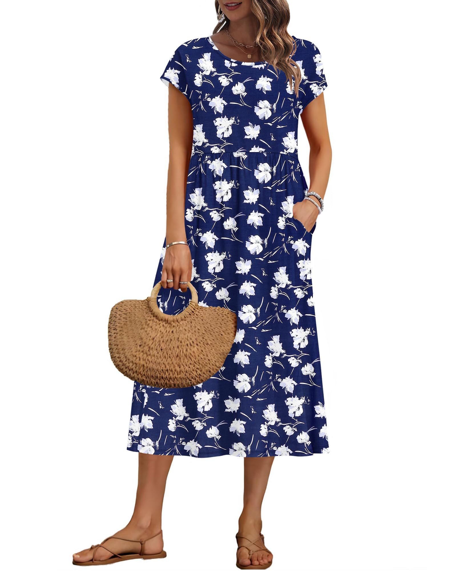 AUSELILY Women's Summer Short Sleeve Midi Dresses Loose Basic Empire Line FloralDress with Pockets, Navy Flowers M