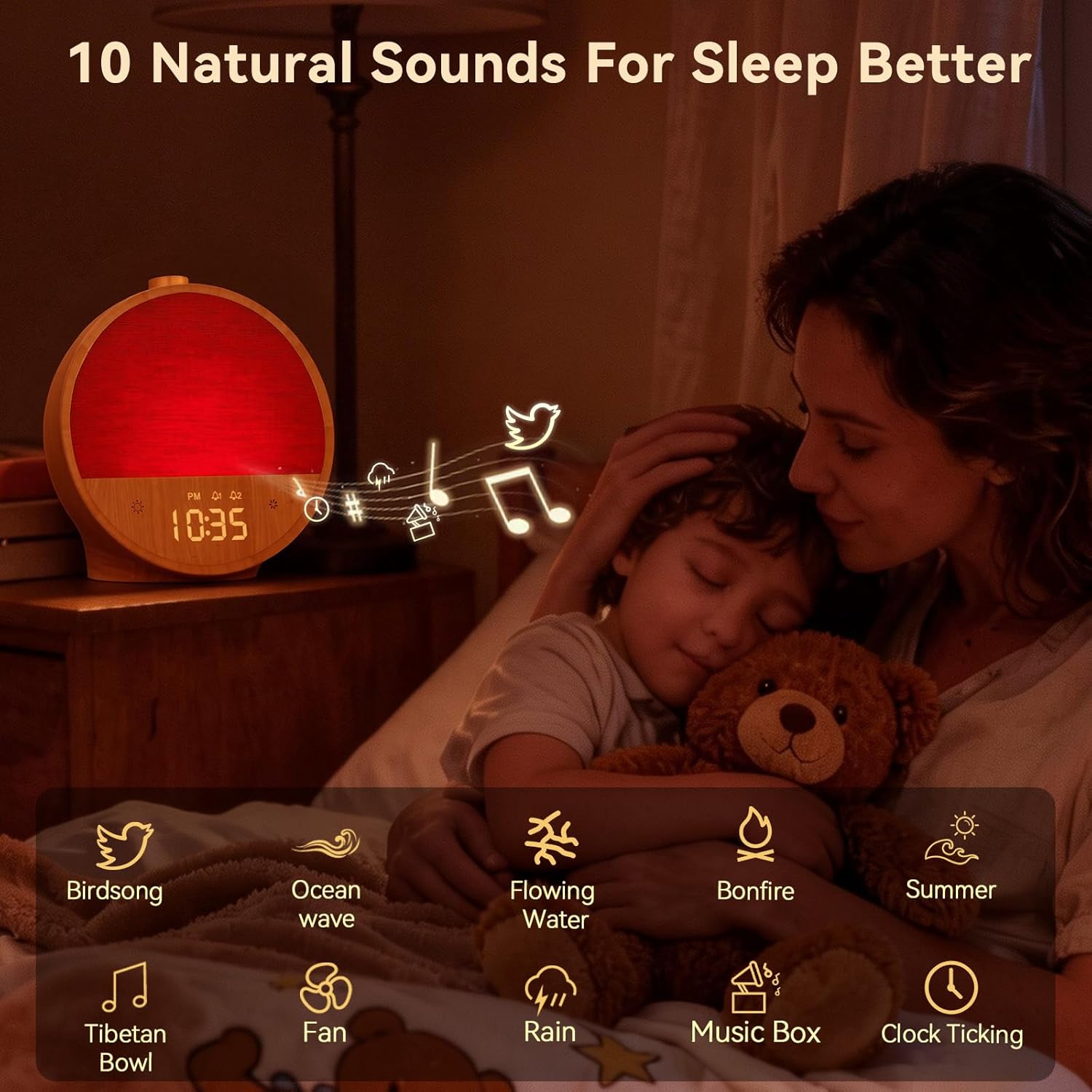 Vivilumens Wood Grain Sunrise Alarm Clock, Gentle Wake-Up Light Sound Machine, Dual Alarms for Heavy Sleepers, Natural Sounds, RGB Mood Light, Dimmable Bedside Night Lamp, Ideal for Bedroom & Gifts