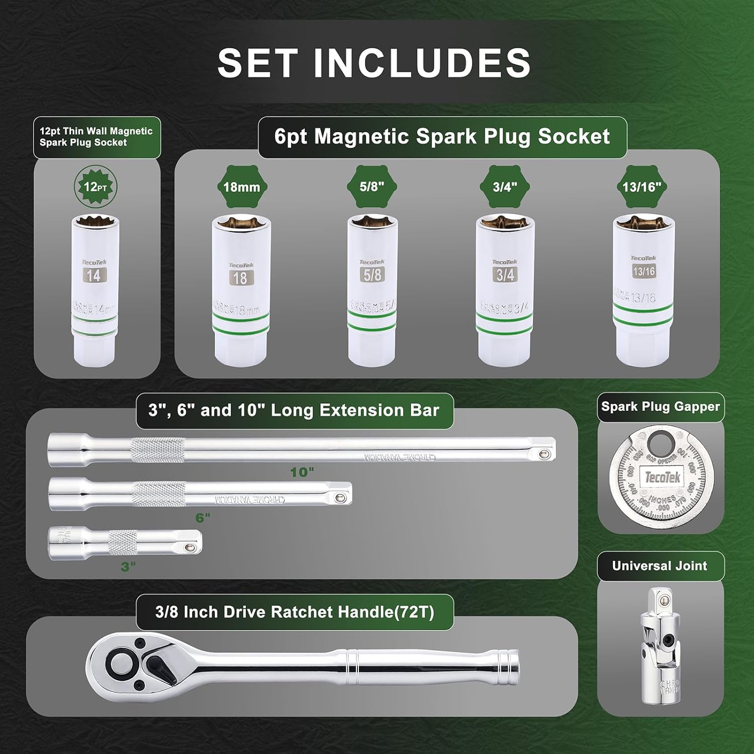 11-Piece Magnetic Spark Plug Socket Set with 3/8" Drive Ratchet Handle, Spark Plug Gapper, Universal Joint and Extension Bar, 5/8", 3/4", 13/16", 14mm, 18mm
