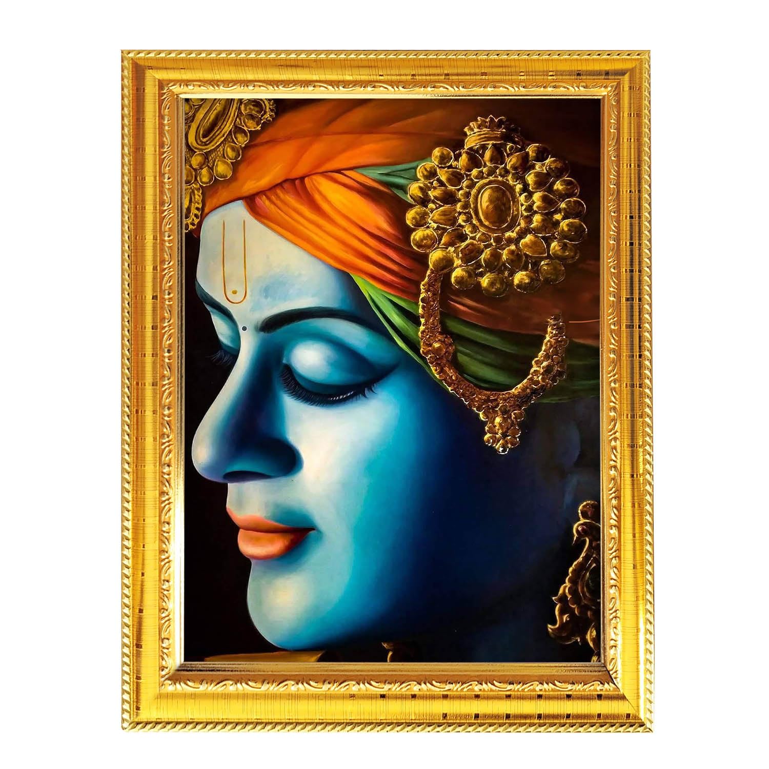 Hare Krishna Spiritual Religious Photo with Golden Frame Indian Puja Worship Poster Wall Hanging Table Decoration 8.3X6.5