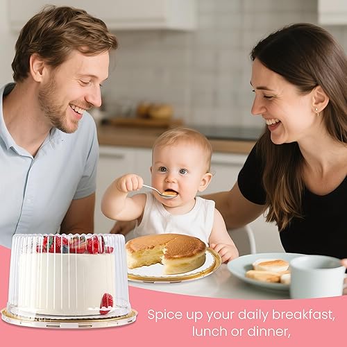 Miniatura 6 de Contenedores de plástico para tartas de 10 pulgadas, recipientes dorados para tartas con tapa y tablas de pastel blancas, soporte transparente para