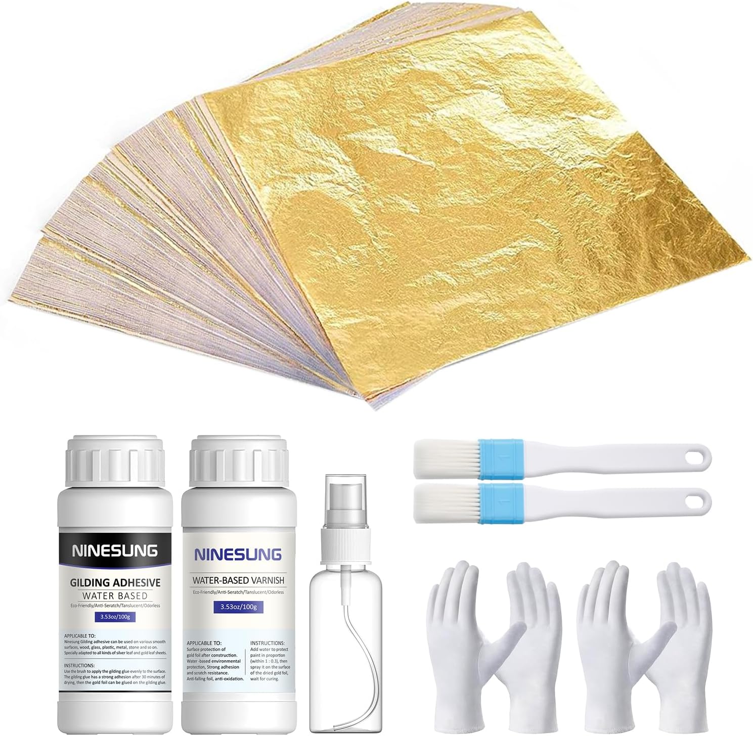 Ninesung Gold Leaf Kit | Gold Leaf Adhesive Set | 100ml Water Based Adhesive and 100ml Varnish | 100 Pcs Gold Leaf Sheets | 2 Brushes | with Spray Bottle | Gold Leaf Sheets for Art Craft, Painting