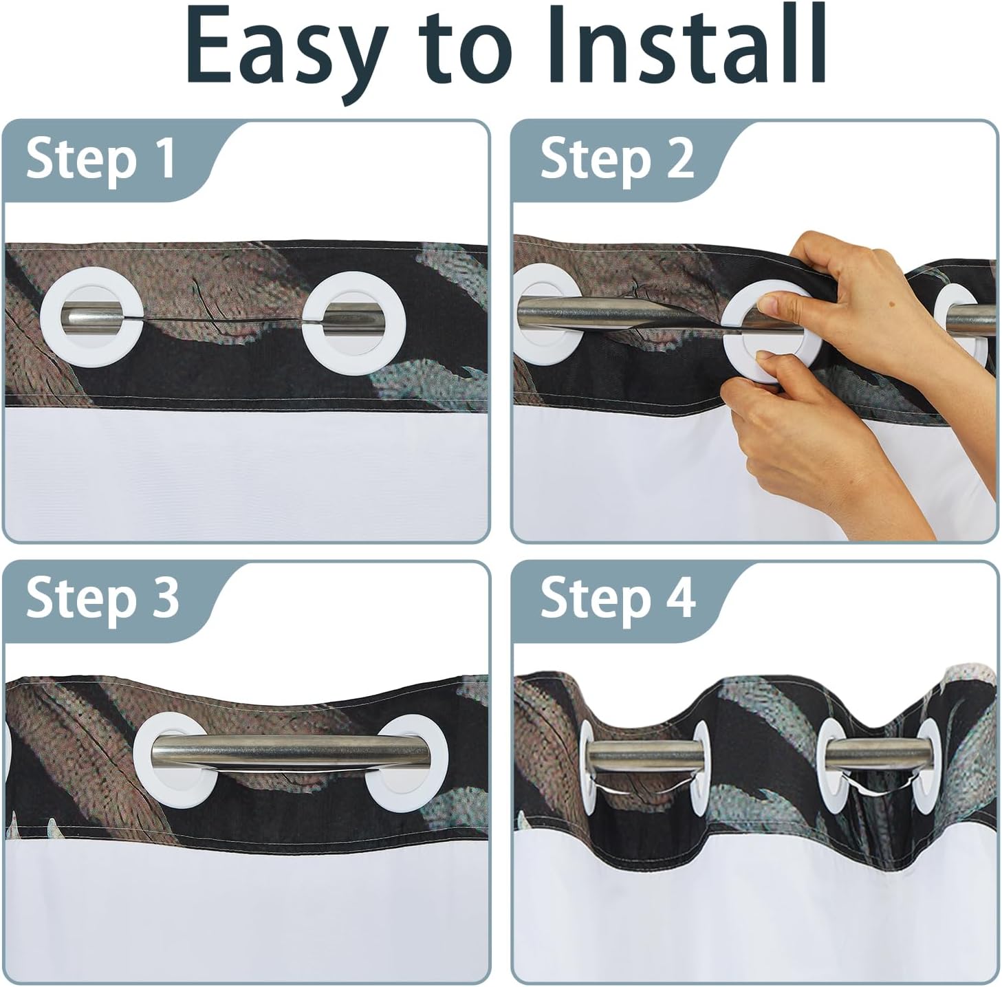 No Hook Boho Shower Curtain and Liner Set - Dark Forest Plant Pattern, Waterproof Black Fabric Bath Curtain for Modern Bathroom with Breathable Mesh Top Window, 71x74inch