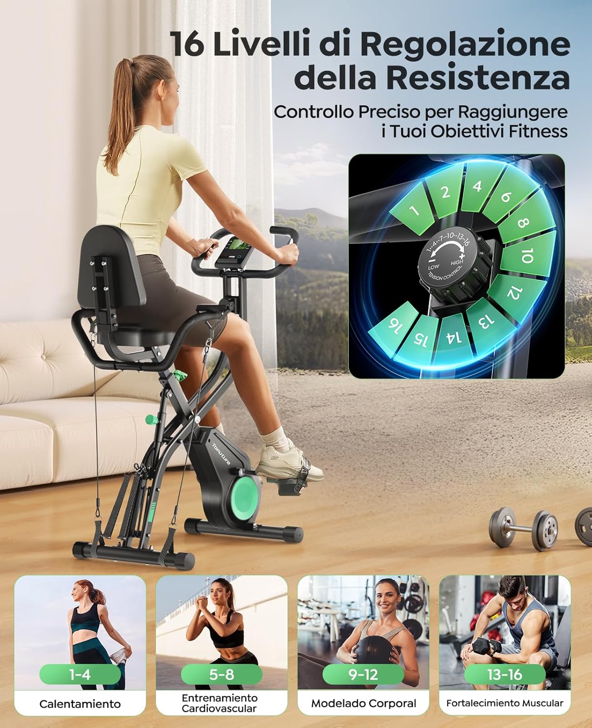 A woman exercising on the Toputure TEB4 bike, with an inset showing a close-up of the resistance knob and its 16 levels, indicating different intensity zones for warm-up, cardio, body shaping, and muscle strengthening.