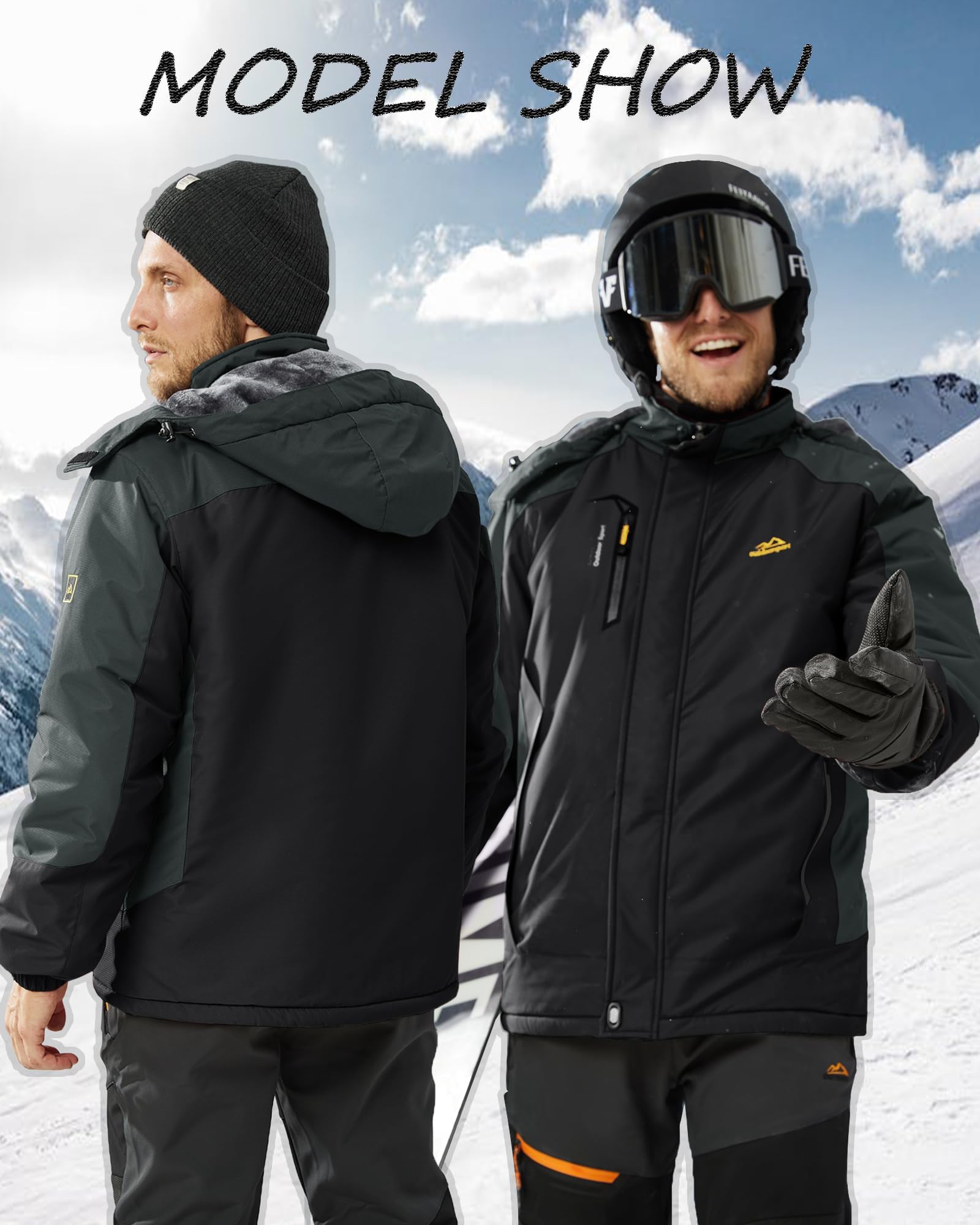 Chaqueta Invierno Hombre Impermeable Esquí con Forro Cálido y Capucha Extraíble