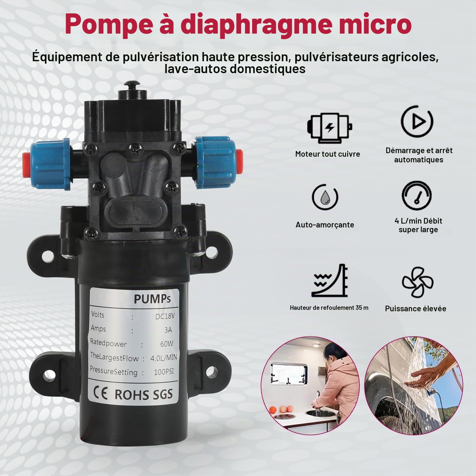 DeWin Pompe à Eau, 18V 60W Micro Pompe à Eau à Membrane Commutateur Automatique 4L/Min Pulvérisateur d'eau de Lavage de Voiture Haute Pression
