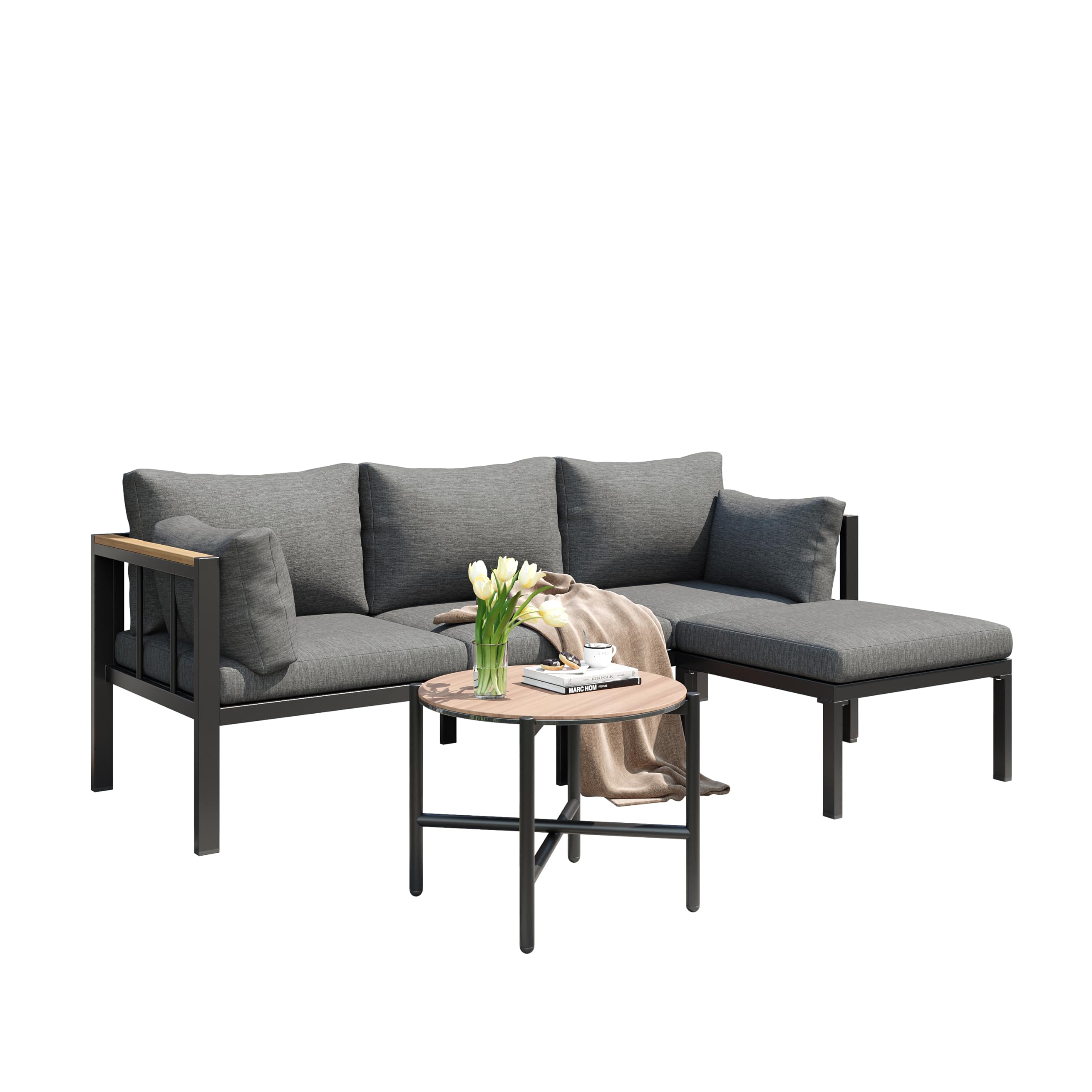 Gartenmöbel-Eckgarnitur 3-teilig Grau, Outdoor Lounge mit Glastisch & Fußhocker, Verzinktes Stahlrohr Polyrattan-Optik, Wetterfest für Garten Terrasse Balkon