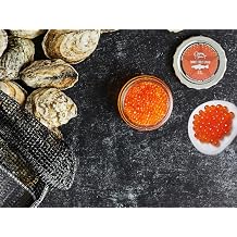 Deluxe Caviar Tasting Set Salmon, Whitefish & Rainbow Trout Roe Regular & Smoked with French Blinis, Creme Fraiche & Mother-of-Pearl Spoons