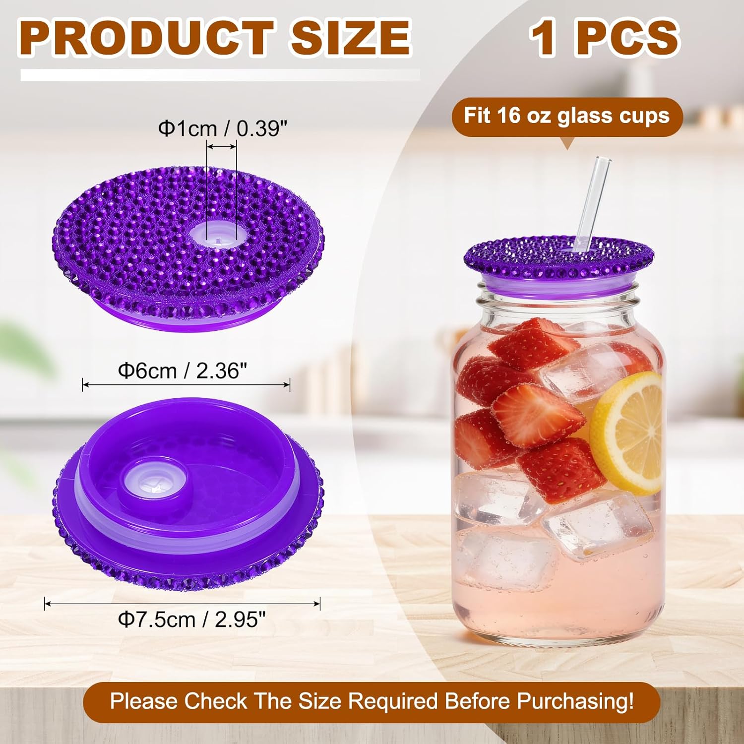uxcell Acrylic Lids for 16 oz Glass, Reusable Plastic Tumbler Replacement Lids Rhinestone Canning Caps with Hole for Beer Can Drinking Glasses Tumblers, Transparent Purple