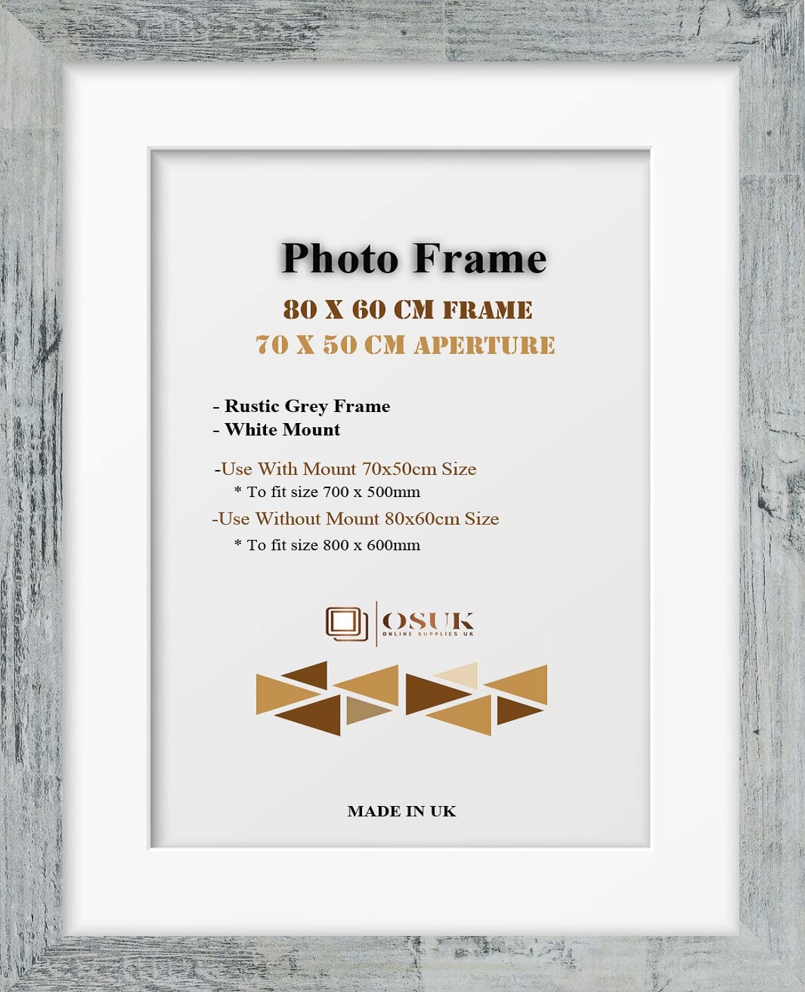 OSUK Rustic Grey 80x60 cm Frame With 70x50 cm White Mount - Modern Photo Frames With Clear Perspex Front & Wall Mounting Poster Frame - 80 x 60cm Frames With 70 x 50cm Mounts