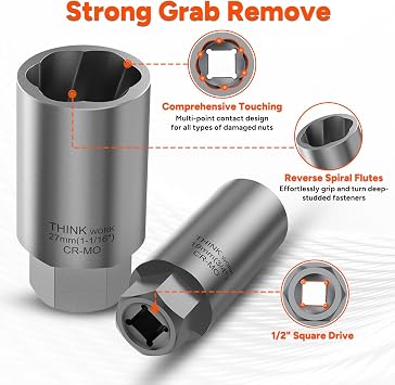 10-Piece Locking Lug Nut Removal Tool, 1/2 Drive Lug Nut Extractor Set | for Damaged, Rusted, Rounded-Off, Stripped Fasteners, Deep Well Design for Tight Spaces, 14-27mm, Cr-Mo Steel, Storage Case