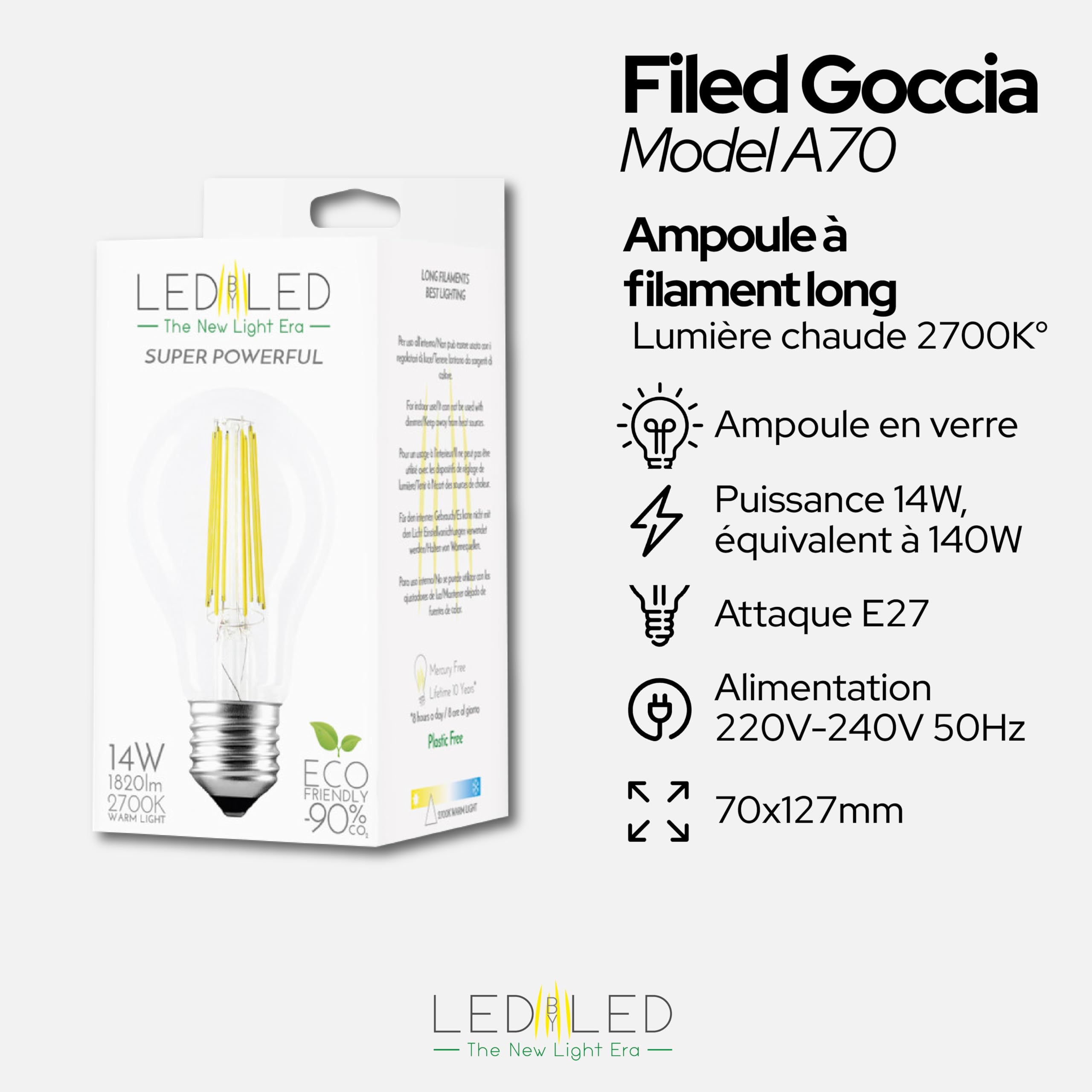 Ampoule Goccia 14W Équivalent à 140W, E27, Verre transparent, 2700K Lumière naturelle, filament LED droit, 1820 Lumens, Pack 10 pièces