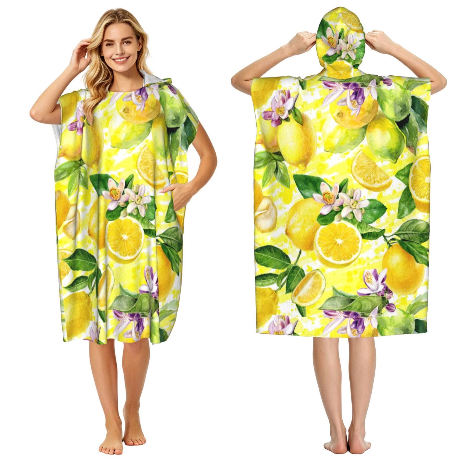 Poadnly Lemon Flower, Adult Hooded Beach Towel 90 x 110 cm,Changing Bath Robe, Surf Poncho Towel For Women Men