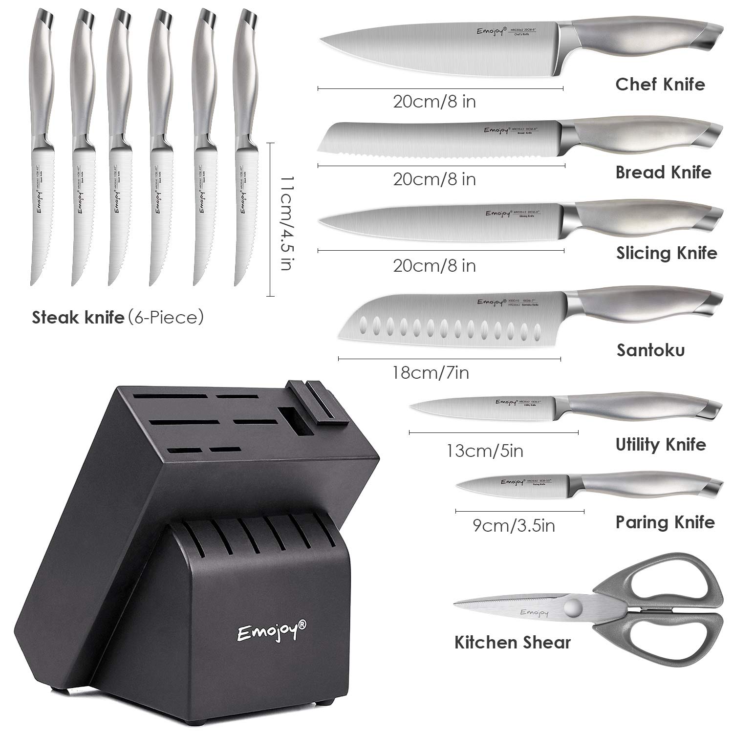 Emojoy Knife Set with Block, 15 Pieces Kitchen Knife Set with Builtin