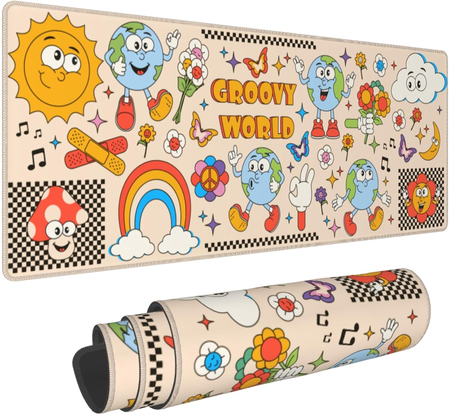 70s Vintage Earth Mushroom Mouse Pad – Large Desk Mat with Non-Slip Rubber Base, 31.5 X 11.8in Gaming Mousepad for Laptop Pc, Office Accessories and Desktop Decor