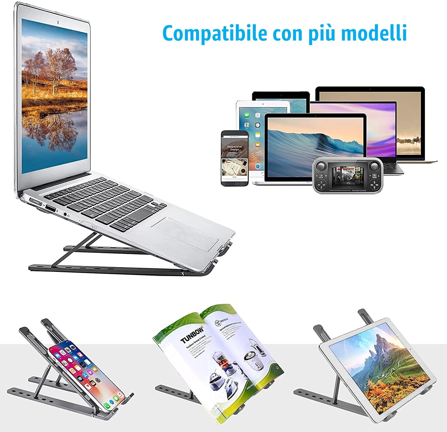 Supporto PC Portatile, Alluminio 8 Livelli Regolabile & Raffreddamento Porta PC Laptop Stand per Computer Portatili e Tablet 10-17.3" Tablet (Grigio)