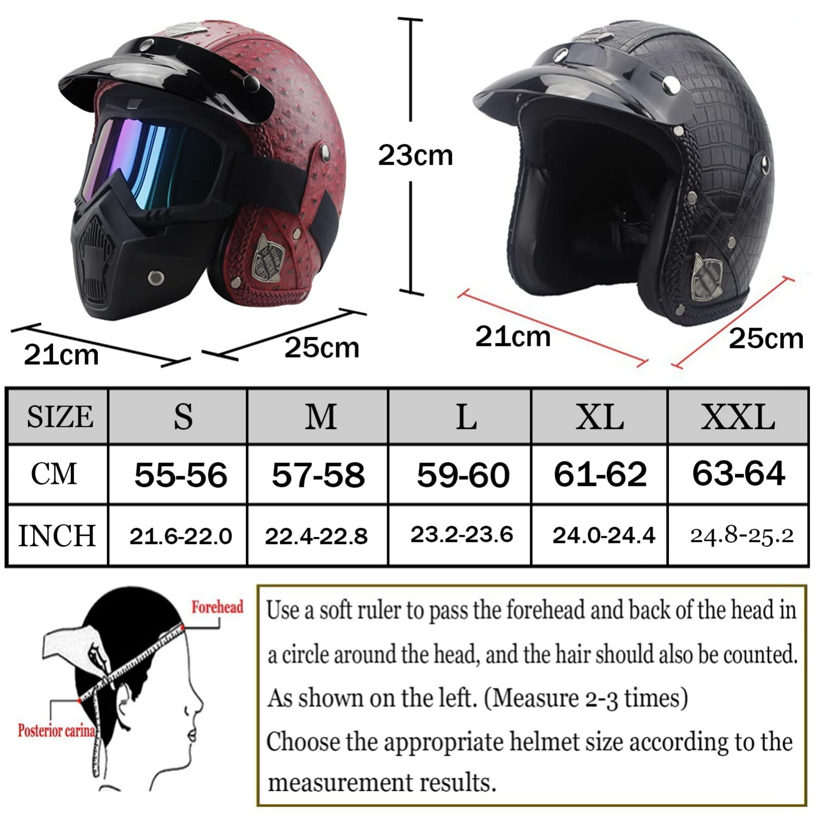 BAUTI Casco Motocicleta Retro Cara Abierta con Máscara Y Gafas Casco Jet 3/4 para Adultos Medio Casco Equitación Aprobado por ECE para Hombres Y Mujeres Ciclomotor Scooter A,XL=(61-62CM)