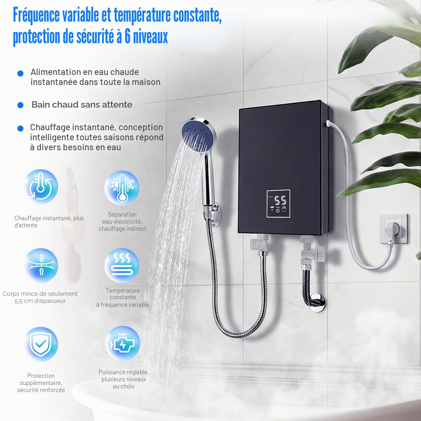 Mini chauffe-eau électrique 5500 W 220 V avec LED 30-55 °C et kit de douche, IPX4, chauffe-eau instantané compact pour douche, cuisine, camping-car (noir)
