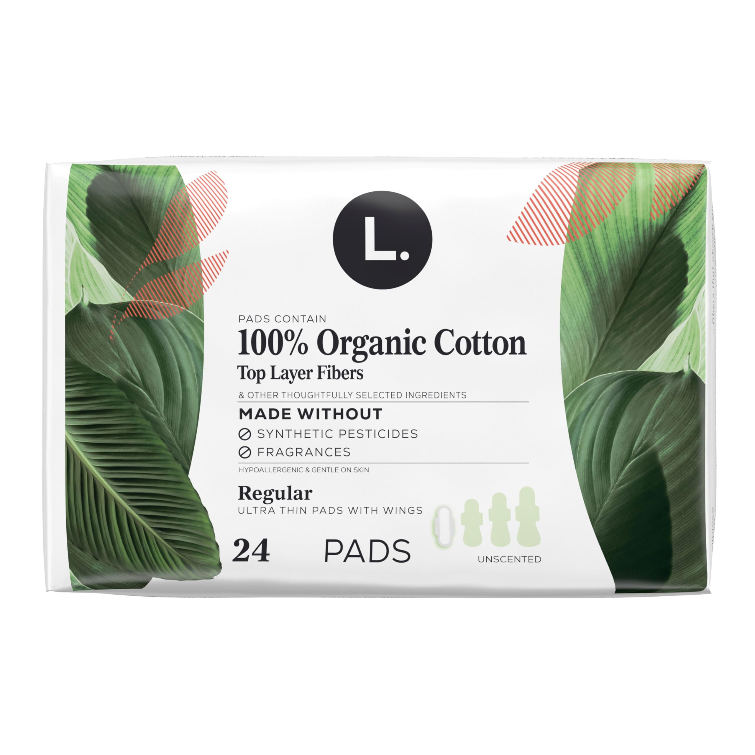 Ultra Thin Pads for Women, Organic Cotton Top Layer, Regular Absorbency, Menstrual Pads with Wings, Made Without Synthetic Pesticides and Fragrances, 24 Count