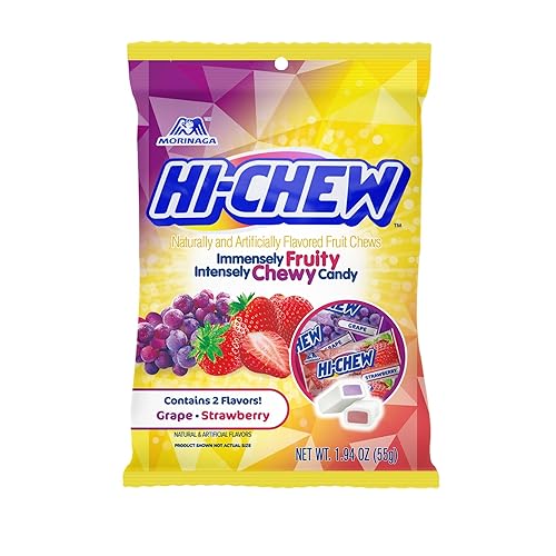 HI-CHEW Mezcla de uva y fresa, paquete de 8 bolsas, 1.94 onzas cada una, uva y fresa, paquete variado de dulces suaves y divertidos masticables,