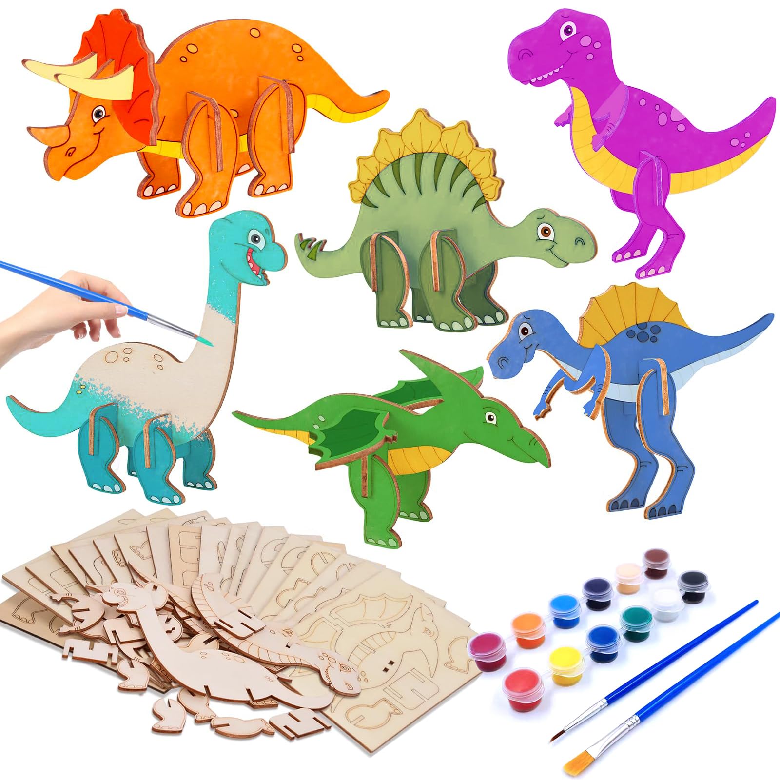 84 Pièces Kit Bricolage En Bois Pour Enfants – 16 Dinosaures Et 16 Fusées à Peindre, Autocollants Et Crayons Aquarelle, Cadeau Anniversaire