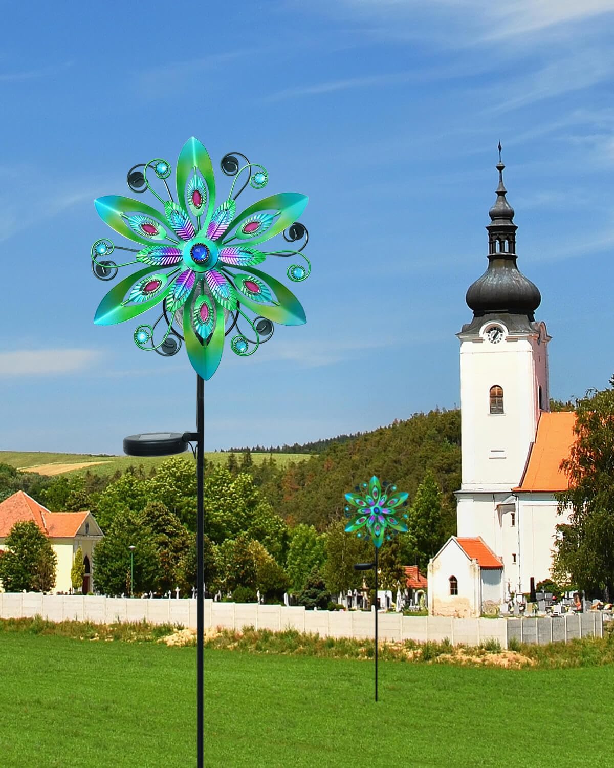 Putuo Decor Solar Wind Spinners for Yard and Garden, 49in LED Wind Spinner Garden Decor, Waterproof Solar Yard Decorations, Outdoor Metal Stake Yard Spinners for Yard Garden Backyard Lawn Decorations